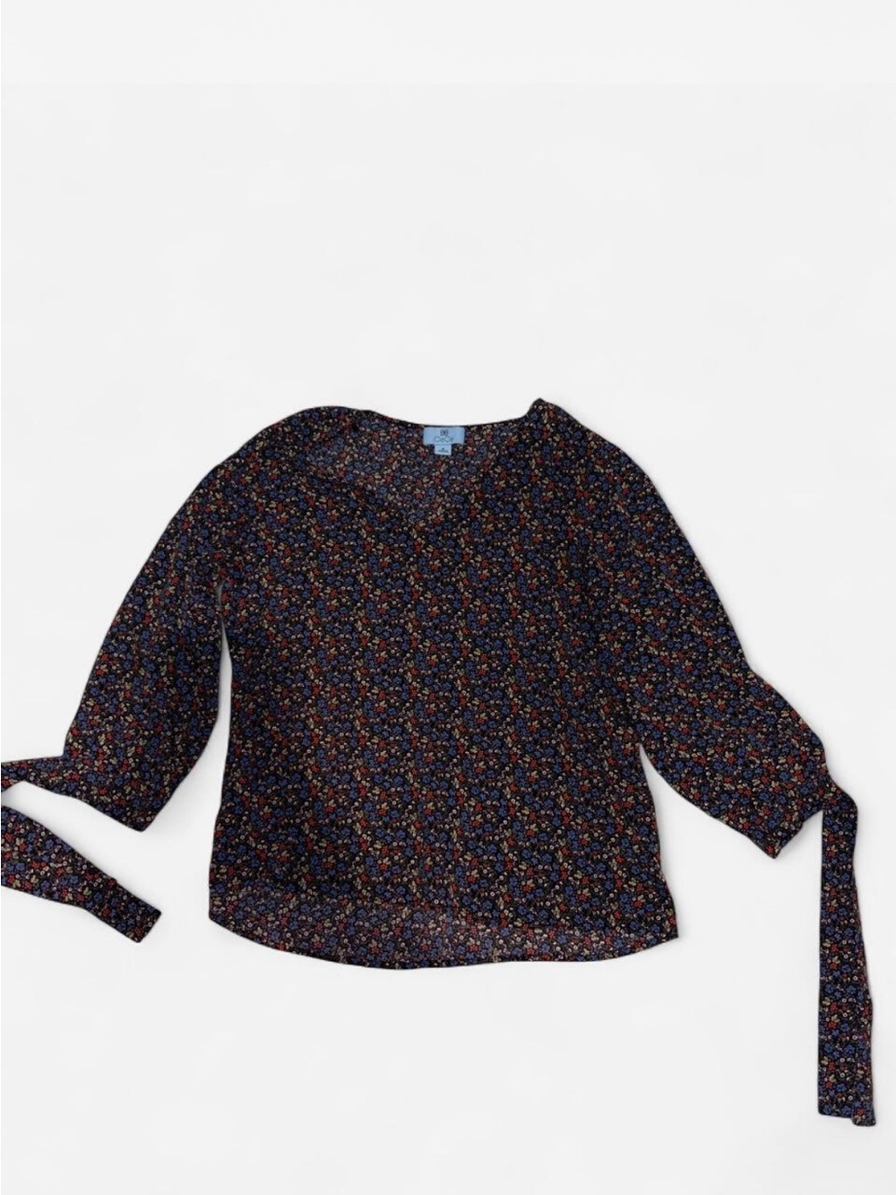 CeCe Navy Floral Tie-Sleeve Blouse